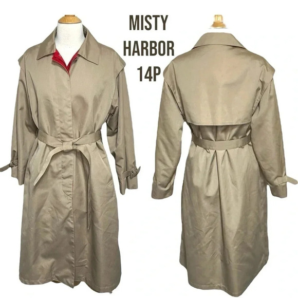 Vintage Misty Harbor 14P tan trench coat with red trim and removable liner - Picture 1 of 12